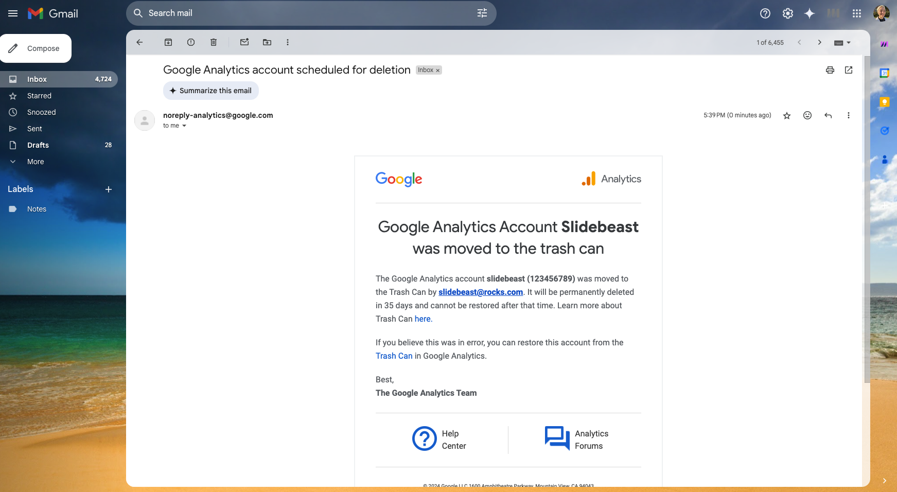 Google Analytics Account Deletion Email - Gmail